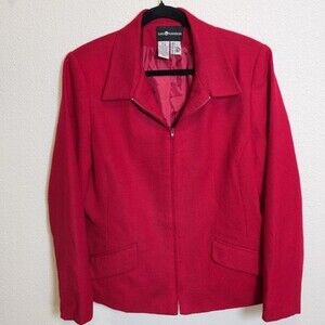 Sag Harbor Women’s Red 100% Wool Zip Front Blazer Jacket Size 16 Fully Lined